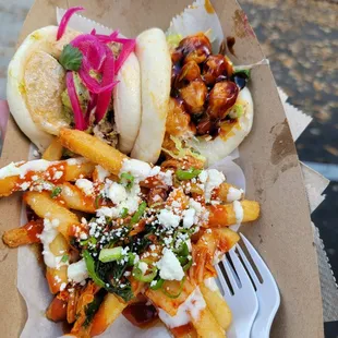 Loaded kimchi fries. Shrimp tempura bao. Pork asada bao.