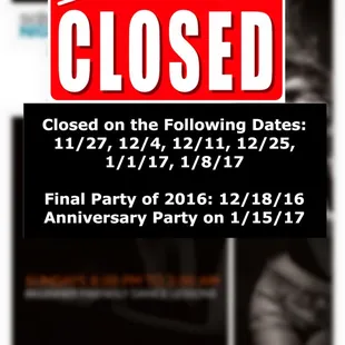HBN will be closed on: 11/27, 12/4, 12/11, 12/25, 1/1/17, 1/8/17. Final Party of 2016: 12/18/16. Anniversary Party: 1/15/17