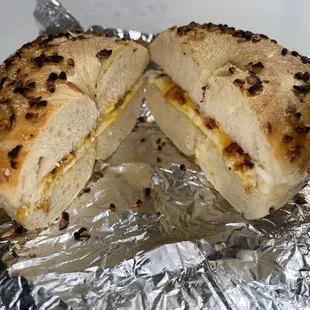 Bacon, Egg and Cheese on an Onion bagel. Bacon/egg are on the skimpy side for $8.