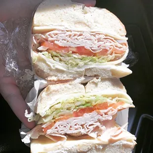 a person holding a sandwich