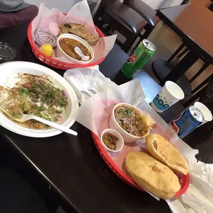 Chicken curry, Chole bhature, and samosa chaat