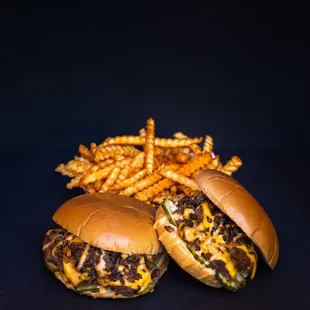 Double-cheese double meat smashed burgers with grilled onions and house sauce!