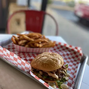 Slider (no cheese, no grilled pickles, added lettuce) and seasoned fries