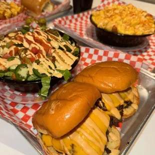 filthy fries, double slider, mac attack