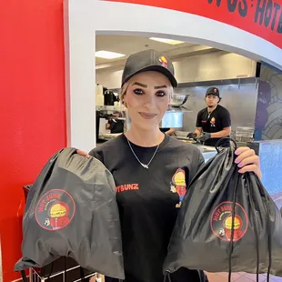 Swag bags with tshirts for the grand opening celebration!