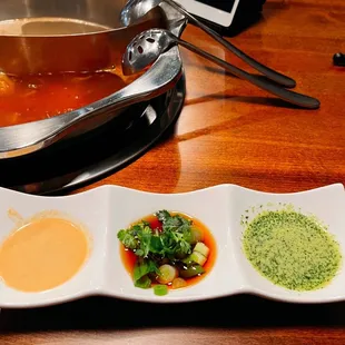 Sesame sauce, brisket sauce with green onion, green sauce