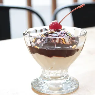 a chocolate sundae with a cherry on top