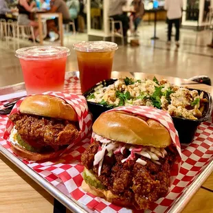 a tray of food and drinks