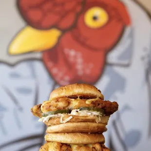 a stack of fried chicken sandwiches