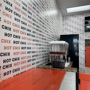 a red table in a restaurant