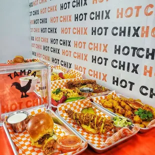 a variety of food on trays
