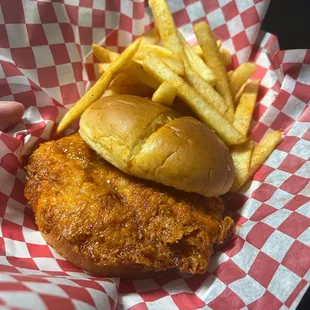 a chicken sandwich and french fries