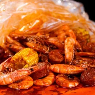 Shrimp, corn, sausage, potatoes