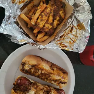 Chili dogs, cheese fries.