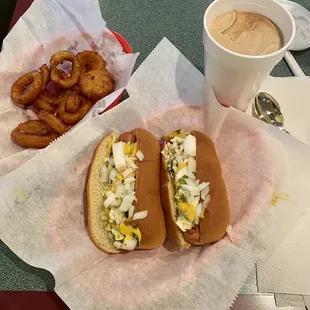 2 dogs with mustard,onion,chili and slaw. Onion rings and a chocolate shake