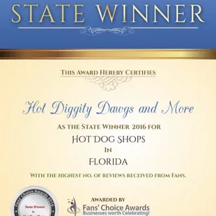 Voted Fav Hot Dog Shop in the State of Florida by Fans Choice