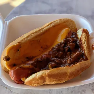 $5 "world famous" all beef hot dog.