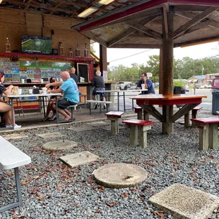 a group of people sitting at picnic tables