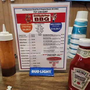a menu and ketchup