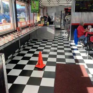 a checkered floor in a diner