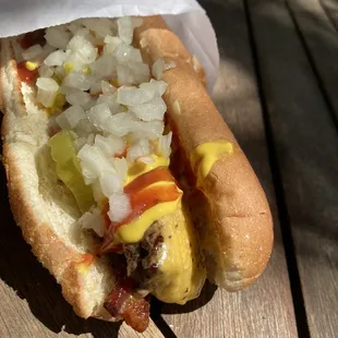 Satisfying lunch with their famous burger dog