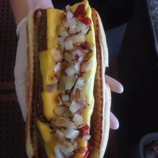 Cheese Burgerdog + omelette + grilled onion!!! What?!?!
