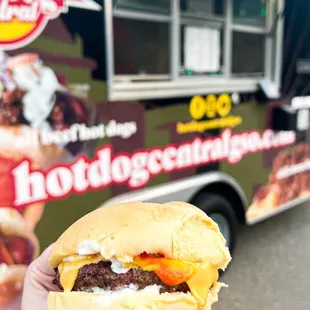 a hand holding a hamburger