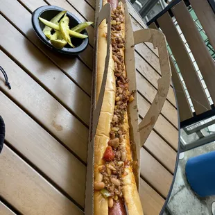 Two-foot hotdog with &quot;chili juice&quot; that soaked through the entire bun making it a soggy mess.