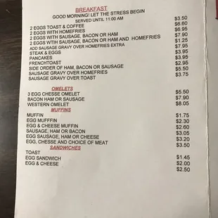 Breakfast menu