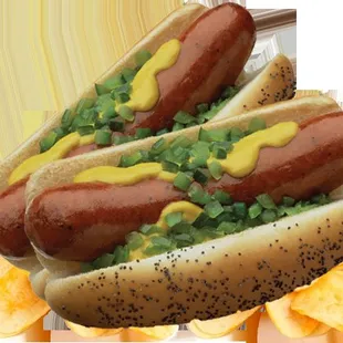 two hot dogs with mustard and green onions