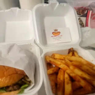 a hamburger and french fries