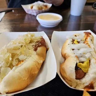 Chili dog with onions, mustard, kraut  Chili dog with onions and mustard