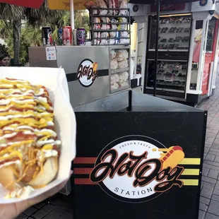 a hot dog with mustard and ketchup