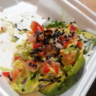 "Low-carb" avocado omelet with furikake (my own stash).  Eat it how it comes or dress it up!