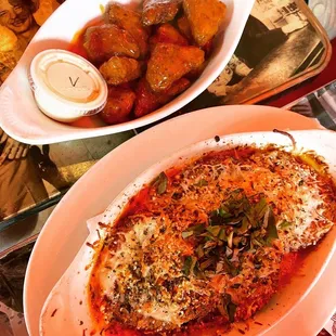 Tofu bites and Eggplant Wizard