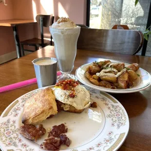 Pumpkin pie shake, potatoes, ham and cheese biscuit