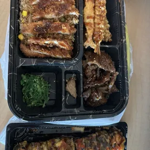 Chicken and beef teriyaki with shrimp tempura and fried rice.