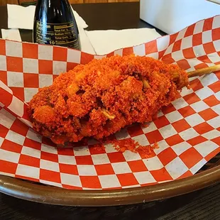 Beef hotdog with spicy Cheetos!