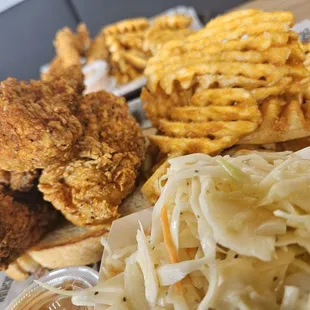 Chicken tenders, waffle fries