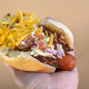a hand holding a hot dog