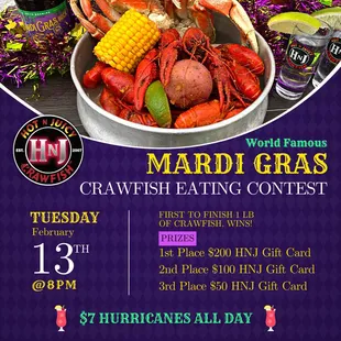 Join us for Mardi Gras on February 13th for our Annual Crawfish Eating Contest!