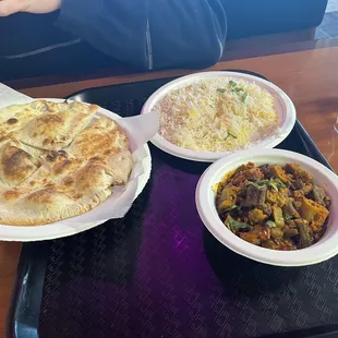 Bhindi Masala, Saffron Rice, and Naan