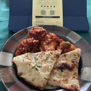 Chili Manchurian Mo Mo Chicken with garlic naan