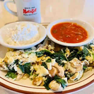 5 Egg Whites Scramble - Spinach and mushroom. Smothered in our Spanish sauce and served with a side of cottage cheese.