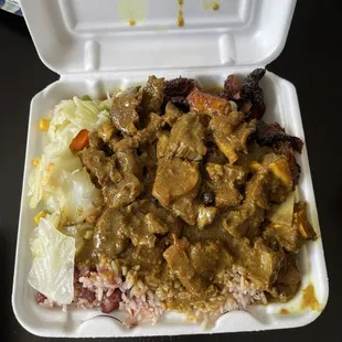 Curried goat, plantains, Rice &amp; Peas, slaw