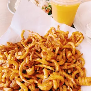 Curly Fries and Orange Juice.