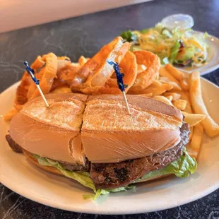 Steak Sandwich Lunch Special with a side of both fries and onion rings with a side salad.