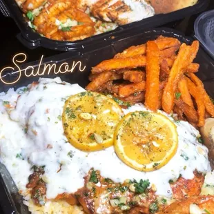 Fresh Off the Grill - Salmon or Chicken w/ Shrimp over Jasmine Rice Topped w/ Lemon Garlic Butter Sauce