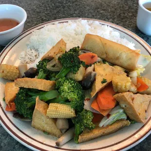 Vegetable Rice Bowl with Egg Roll