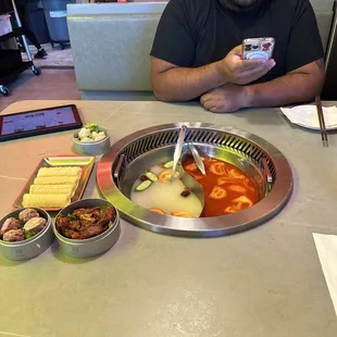 Pork Bone @ Tomato Broth with shrimp and beef balls, bean curd, and spicy beef shank